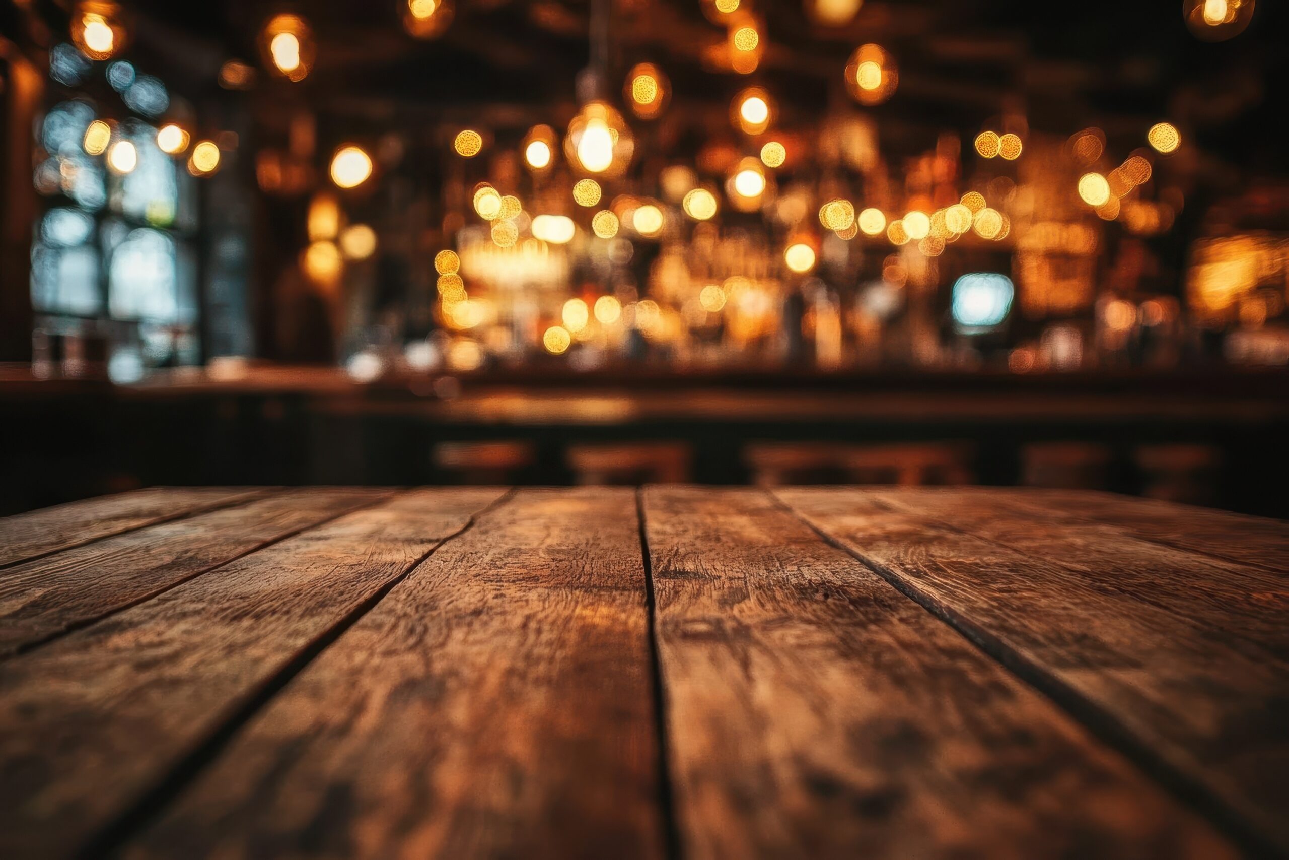 A wooden table top with a blurred background of a bar with warm lighting.